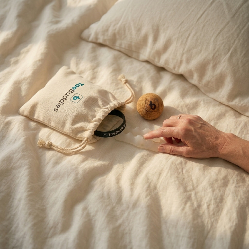 Toe Buddies kit unboxing on bed