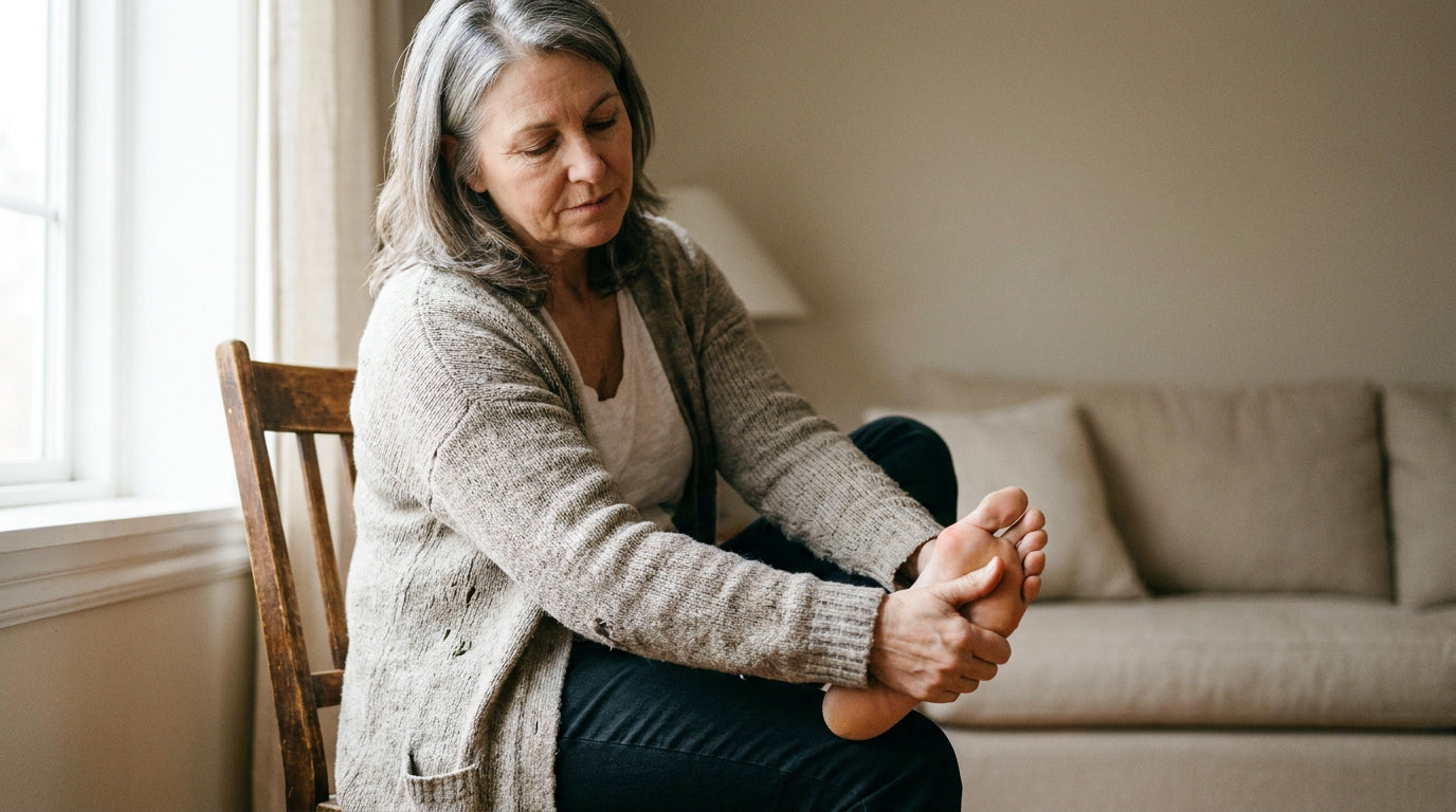 Woman massaging sore foot at home
